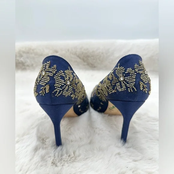 Manolo Blahnik Crystal Embellished Satin Pumps floral accents Navy Blue 37 US 7 - Picture 9 of 10